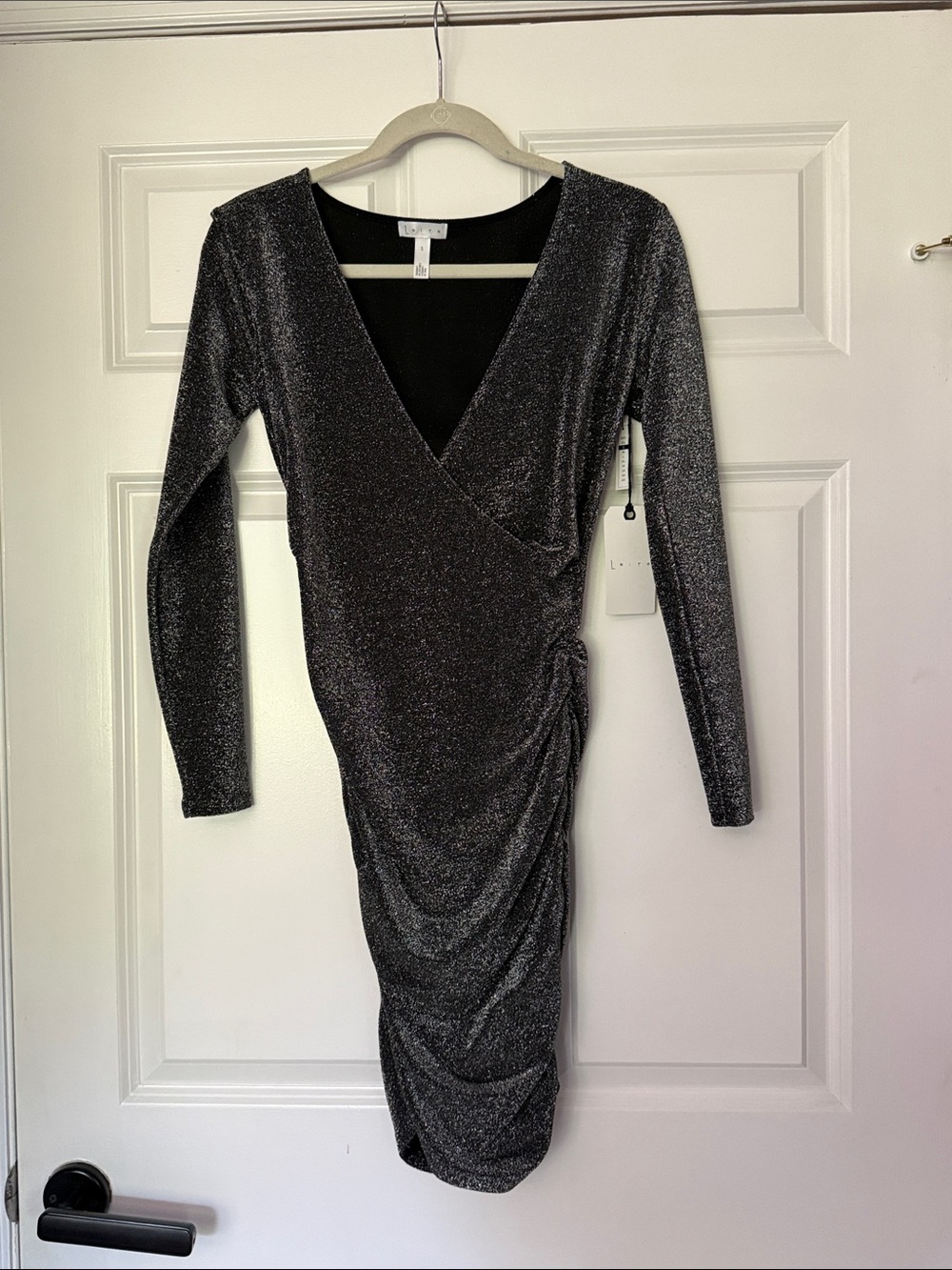 Leith Charcoal Silver Sparkle Wrap Midi Dress - Long Sleeve